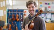 © Art Genie - Enthusiastic Male Music Teacher in a Classroom with Various Instruments Holding a Musical Instrument and Smiling Showing Dedication and Passion for Music Education