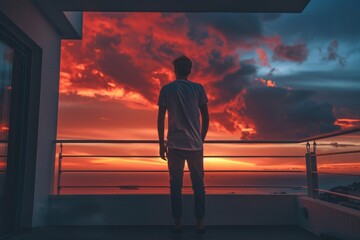Poster - A person standing on a balcony taking in the view of a beautiful sunset