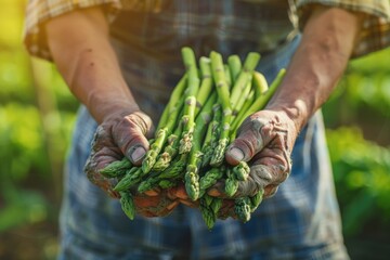 Poster - A person is holding a bunch of fresh green asparagus, ready for cooking or display