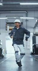 Leinwandbilder - Vertical Screen: Industrial Manufacturing Facility: Excited Dancer Performing at a Factory, Dancing Through CNC Milling Machinery and Production Lines. Motivated Handsome Man Putting on a Show at Work