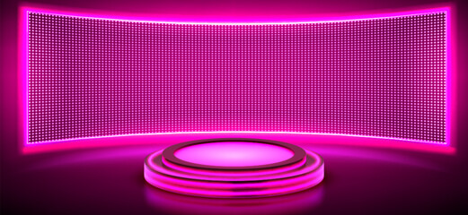 Poster - pink neon glowing product podium with digital led screen on wall. realistic 3d vector illustration o