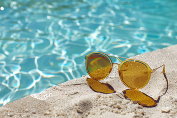 A pair of sunglasses by the pool