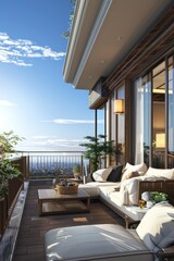 Poster - A cozy balcony with a comfortable couch, coffee table, and potted plants