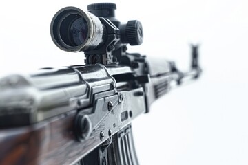 Poster - Close-up shot of a rifle with a mounted scope, useful for outdoor and hunting scenes