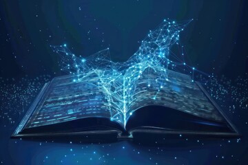 Blue open book. Low polygon, particle, and triangle style design. Wireframe light connection structure