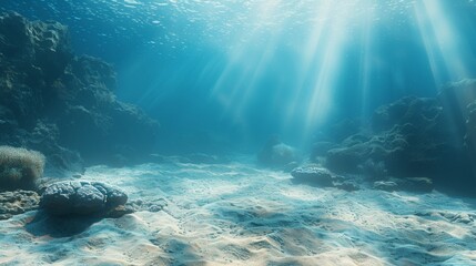 Wall Mural - an underwater scene with sandy ocean floor, blue sea water, and coral reefs in the background