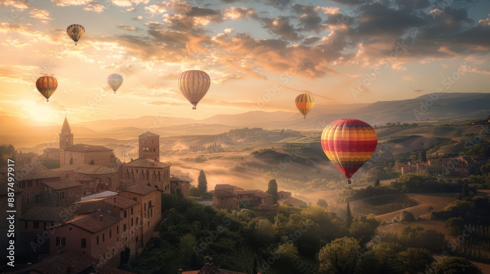 Hot air balloons float over picturesque countryside at sunrise ...