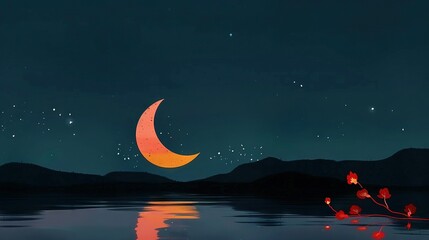 Wall Mural - a night sky painting featuring a half-moon and a red flower in the foreground, set against mountaino