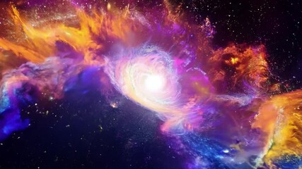 Poster - A vibrant nebula with swirling colors of red, orange, yellow, blue, and purple fills the frame, with a bright star at its center. The nebula is set against a background of a dark, starry sky.