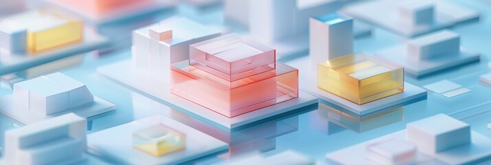 Abstract Futuristic 3D Render Minimalistic Style with Floating Geometric Shapes Isometric Design, Light Color Theme, Bright Background, and Soft Lighting