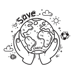 Wall Mural - vector illustration of a hand holding a globe in hand-drawn line art style, isolated on a white back