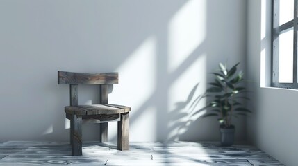 Wall Mural -   Wooden chair in white room Potted plant on floor Window in corner