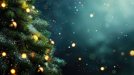 Poster - Festive Christmas tree with lights and decorations empty space for text with blurred background