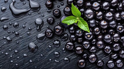 Poster -   A close-up of blackberries with water droplets on their surfaces and a green leaf on top