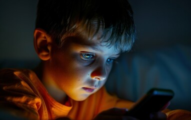 Canvas Print - A young boy sits in a dimly lit room, his eyes fixed on the screen of his smartphone