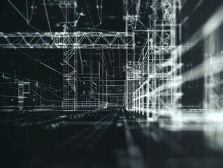 Sticker - detailed blueprint of interior construction site, black background 