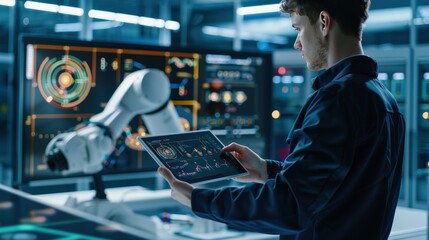 Wall Mural - A man is using a tablet to control a robot. The robot is on a screen in front of him