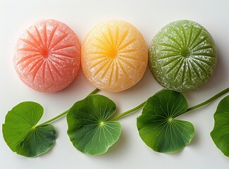 Wall Mural - Colorful Mochi with Green Leaves