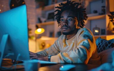 A young black man works remotely on a desktop computer in his home office. He is seated at a desk and is looking intently at the screen. The room is dimly lit, with a lamp casting a warm glow