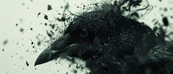 Sticker -   A close-up of a black bird with droplets of water on its face and beak