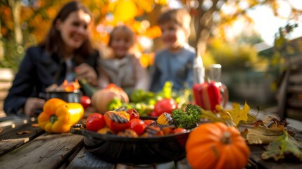 Caucasian family enjoying fall harvest meal outdoors with colorful vegetables. Concept of autumn picnic, family gathering, seasonal produce, healthy lifestyle