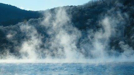 Poster -   A steamy lake surrounded by lush foliage on a hilly landscape