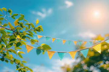 Colorful flags hanging from tree branches