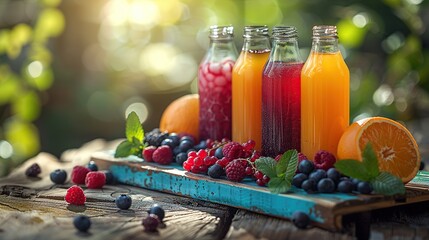 Wall Mural - Fresh Fruit Juices with Berries and Orange on Wooden Table