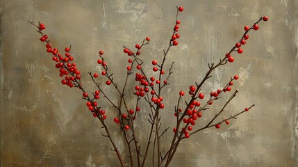 Poster -   A vase brimming with ripe red berries perches atop a table, flanked by a tree painting adorned with similar berries