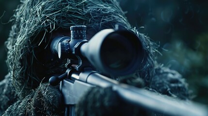 Wall Mural - A person wearing camouflage attire holds a rifle, suitable for outdoor and hunting themes