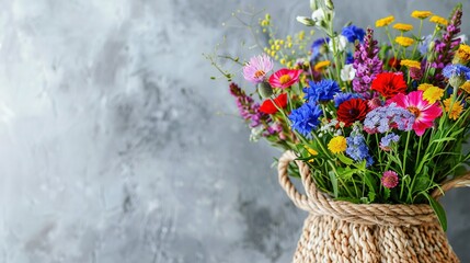 Wall Mural -   A vibrant bouquet of flowers graces a rustic wooden table against a muted gray backdrop