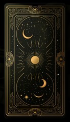 illustration of two black tarot cards with gold foil borders, featuring bold line blank frame backdr