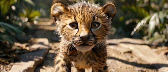 Poster -   A young cheetah cub strolls on a dusty trail amidst towering palm trees and lush foliage