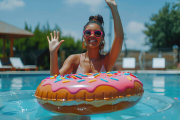 Canvas Print - The woman wearing sunglasses in the summer swimming pool