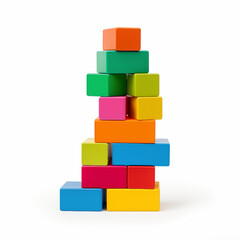 Colorful Stacking Blocks Arranged in a Tower Formation on a White Background