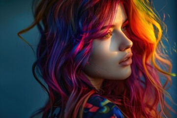 Wall Mural - A close-up shot of a woman with vibrant, colorful hair on a blue background