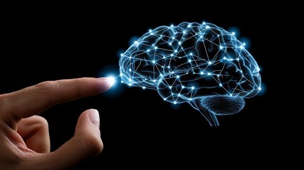 Poster - businessman hand pointing at digital human brain neural network for modern futuristic artificial int