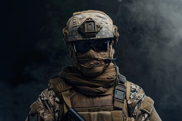 Poster - A person wearing camouflage clothing holds a gun in his hand