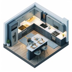 Wall Mural - 3D Render of a Modern Kitchen in an Urban Loft, on isolated white background, Generative AI