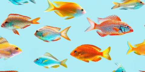 Wall Mural - Colorful tropical fish swimming in clear blue water. Concept of exotic aquatic life, underwater beauty, marine biology. Copy space. Background