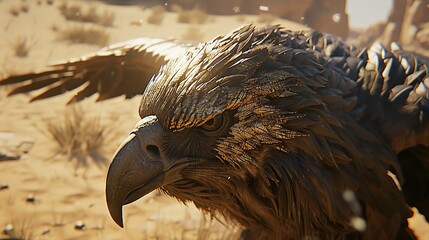 Poster -   A close-up shot of a majestic bird of prey in the barren desert landscape, with golden sand and lush green grass in the backdrop, while a smaller bird of prey per