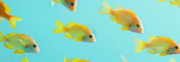 Wall Mural - Colorful tropical fish swimming in a bright blue water aquarium. Concept of underwater world, marine life, aquatic creatures, exotic species. Copy space. Background. Banner