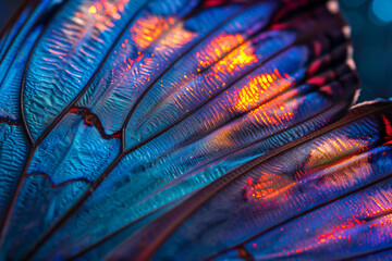 Wall Mural - Beautiful abstract background of blue morpho butterfly wing close up. Texture with beautiful iridescent neon colors,