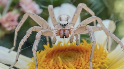 Sticker -   A sharp photo of a spider perched on a flower amidst an out-of-focus garden backdrop