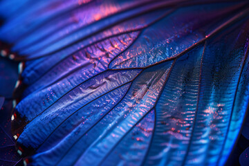 Wall Mural - Beautiful abstract background of blue morpho butterfly wing close up. Texture with beautiful iridescent neon colors,