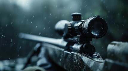 Poster - A close-up shot of a rifle on a rifle stand in the rain, suitable for use in outdoor or weather-related contexts