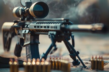 Wall Mural - A close-up view of a machine gun with a scope mounted on a table, ready for use