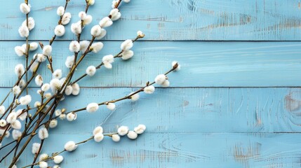 Sticker - Easter card mockup with pussy willow branch on blue wooden background