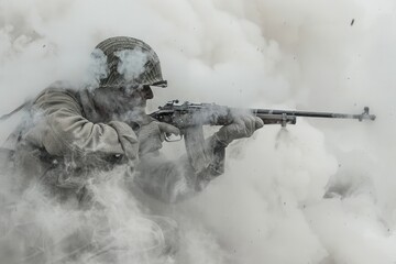 Poster - A soldier holding a gun amidst a cloud of smoke, suitable for military or action scene photography