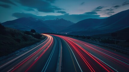 Red car lights blur on a highway at night, creating a glowing trail. Mountains and night sky are in the background.